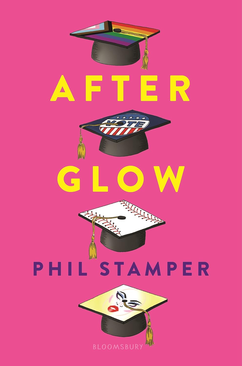 Cover of Afterglow: four decorated graduation caps stacked on a hot pink background