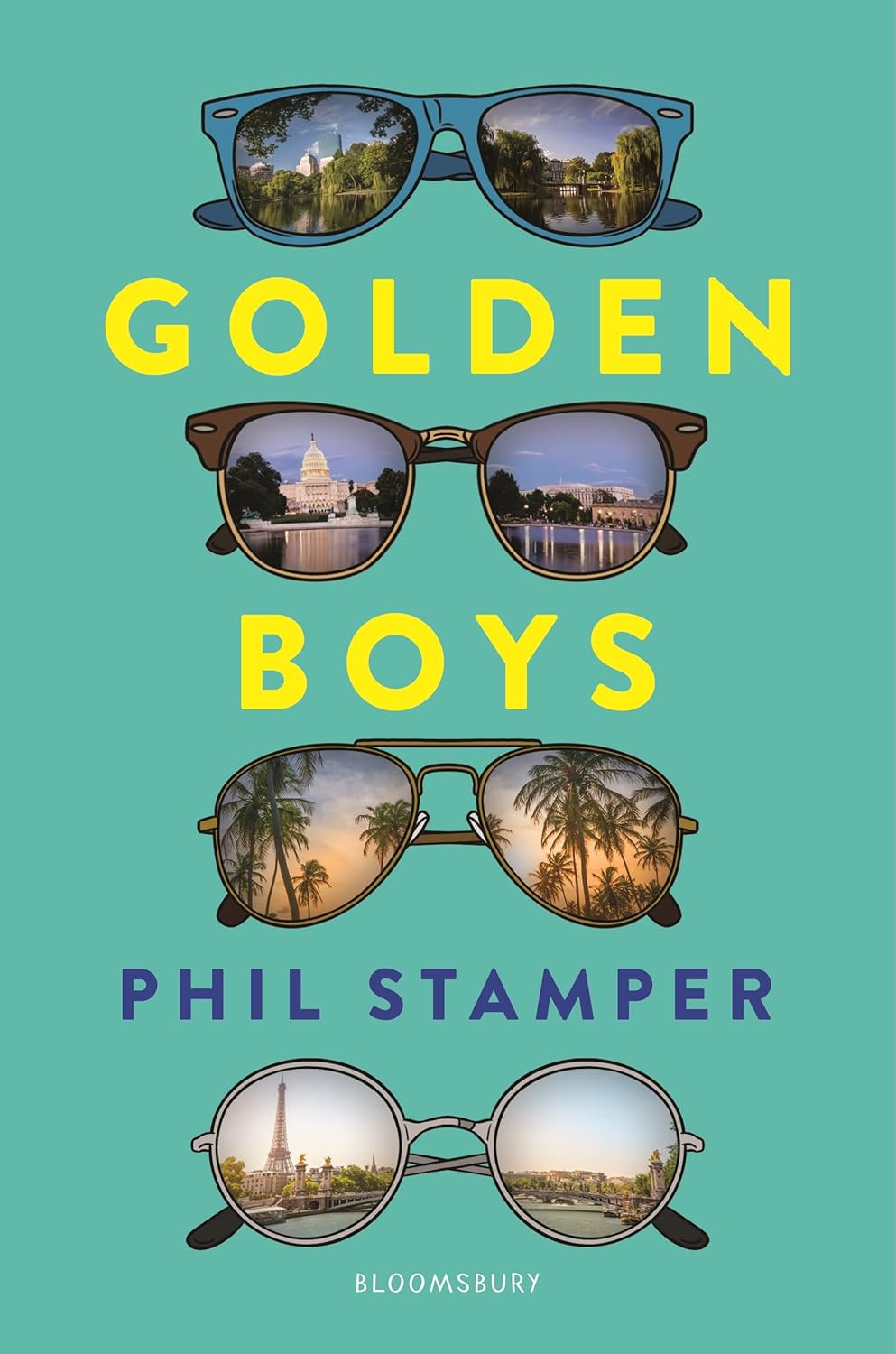 Cover of Golden Boys: four pairs of sunglasses reflect Boston, Washington DC, Florida palm trees, and Paris