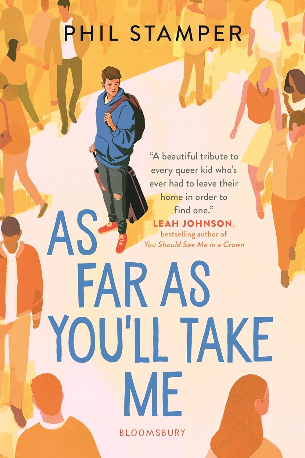 Cover of As Far As You'll Take Me: a boy in a blue hoodie stands still in a bustling crowd
